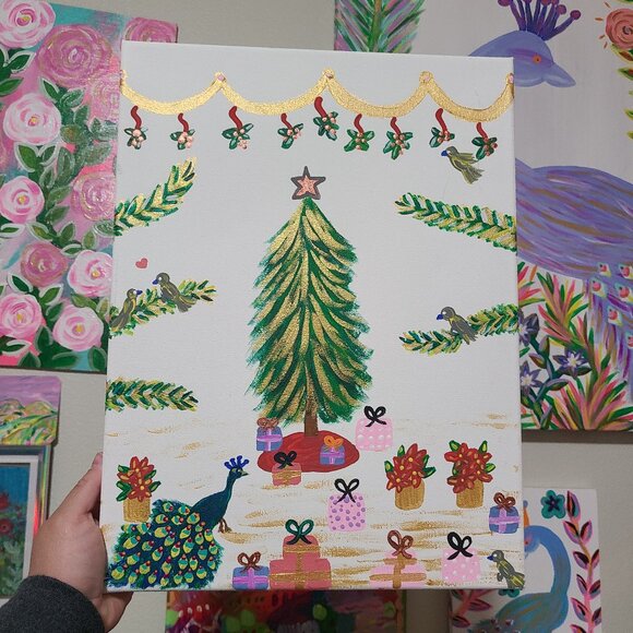 Christmas Peacock Original Painting Winter Artwork Christmas Wall Art - Picture 1 of 7